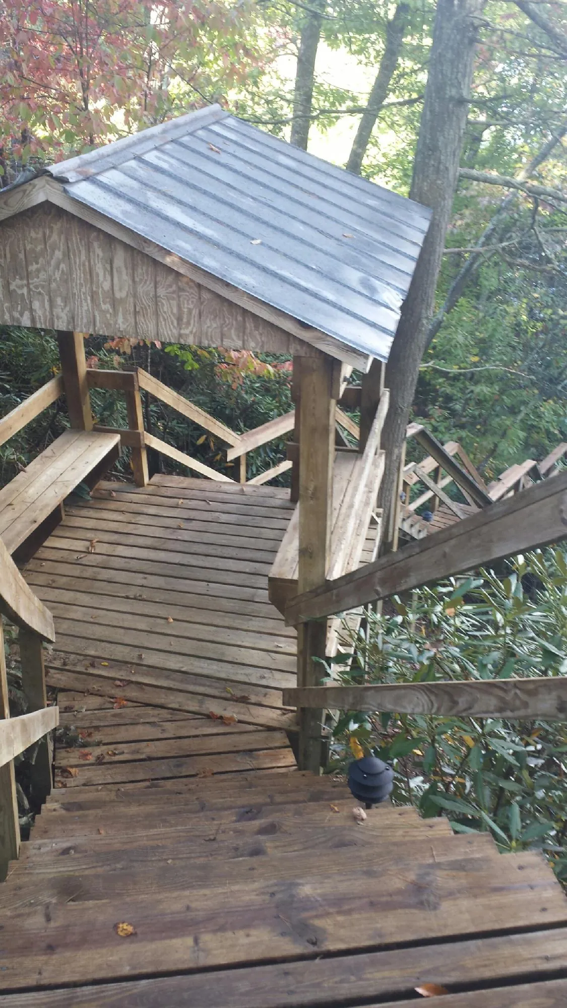 Metal roofed shelter over wooden steps on a wooded walkway — Skylight Repair & Installation work by our crew in Ouaquaga